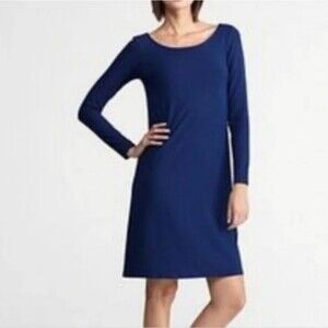 Eileen Fisher Knit Shift Dress Keyhole Back Long Sleeve Blue Size L Petite